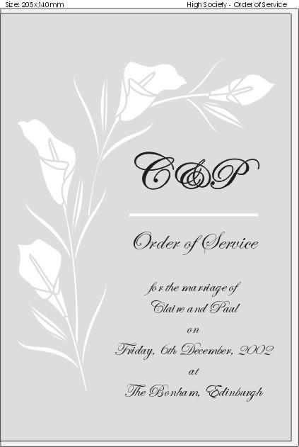High Society Order Of Service From Ilrated Stationery The Order Of Service Or Ceremony Has A Frosted See Through Cover With White Lilies Front Page Insert Showing
